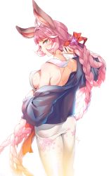 Rule 34 | 1girl, absurdly long hair, ahoge, aki663, alternate costume, animal ears, ass, back, bare shoulders, blue eyes, blush, breasts, covered erect nipples, cowboy shot, erune, eyelashes, eyeshadow, fingernails, floral print, flower, from behind, granblue fantasy, hair flower, hair ornament, hair ribbon, holding, holding own hair, japanese clothes, kimono, lips, long eyelashes, long fingernails, long hair, looking at viewer, looking back, makeup, medium breasts, nape, obi, parted lips, pink hair, pink lips, print kimono, red ribbon, ribbon, sash, shoulder blades, sideboob, simple background, solo, standing, swimsuit, tien (granblue fantasy), upper body, very long hair, wide sleeves