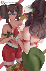 Rule 34 | 2girls, araneesama, ass, belt, blue eyes, bow, breast press, breasts, brown hair, candy, christmas, commentary, creatures (company), double bun, food, game freak, green pantyhose, hair bun, high ponytail, highres, hilda (pokemon), long hair, looking at viewer, multiple girls, nintendo, no bra, pantyhose, pokemon, pokemon bw, pokemon bw2, ponytail, rosa (pokemon), symmetrical docking