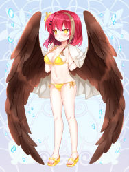 Rule 34 | 1girl, bikini, bikini under clothes, blue background, blush, breasts, brown hair, brown wings, cleavage, closed mouth, copyright request, feathered wings, flower, front-tie bikini top, front-tie top, full body, hair flower, hair ornament, hairclip, hands up, highres, jacket, jacket on shoulders, large wings, looking at viewer, medium breasts, multicolored hair, navel, red hair, sandals, shikito (yawa0w0), side-tie bikini bottom, smile, solo, standing, streaked hair, swimsuit, water drop, white jacket, wings, yellow bikini, yellow eyes, yellow flower, yellow footwear