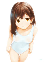 Rule 34 | 1girl, breasts, brown eyes, brown hair, highres, kobayashi yuji, medium breasts, nipples, one-piece swimsuit, see-through, smile, solo, swimsuit