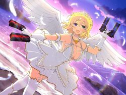 Rule 34 | 1girl, :3, angel wings, antenna hair, arm garter, bare shoulders, beach, blonde hair, blue eyes, blush, boots, breasts, cleavage, collarbone, dawn, dress, dual wielding, feathered wings, feathers, finger on trigger, forest, frilled dress, frills, front-seamed legwear, garter straps, gem, gloves, gold trim, gradient sky, green eyes, gun, hair between eyes, handgun, heterochromia, holding, holding gun, holding weapon, jewelry, lake, large breasts, lens flare, looking at viewer, mountain, mountainous horizon, multiple weapons, nature, necklace, official art, open mouth, pearl (gemstone), pearl necklace, pink sky, plant, ribbon, rock, ryouna (senran kagura), sand, seamed legwear, senran kagura, senran kagura new link, senran kagura shinovi versus, shore, short hair, sky, smile, solo, standing, star (sky), starry sky, sunburst, sunlight, sunrise, thighhighs, tiara, tongue, tree, water, water drop, waves, weapon, white dress, white feathers, white footwear, white garter straps, white gloves, white ribbon, white thighhighs, wings, yaegashi nan