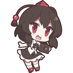 Rule 34 | &gt;:d, 1girl, 60mai, :d, black bow, black bowtie, black hair, black skirt, blush, bow, bowtie, camera, chibi, collared shirt, full body, geta, hat, holding, holding camera, looking at viewer, open mouth, red bow, red eyes, red footwear, shameimaru aya, shirt, shoes, short sleeves, simple background, skirt, smile, solo, standing, tokin hat, touhou, v-shaped eyebrows, white background, white legwear, white shirt