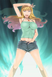 Rule 34 | 1girl, arm up, armpits, bare shoulders, blonde hair, breasts, denim, denim shorts, female focus, hamushima, jewelry, large breasts, long hair, magical grim, navel, necklace, open mouth, original, red eyes, shadow, short shorts, shorts, smile, solo, standing, thong