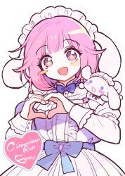 Rule 34 | 1girl, absurdres, animal ears, blush stickers, cinnamoroll, dress, highres, jihecchi, juliet sleeves, long sleeves, looking at viewer, maid headdress, ootori emu, open mouth, pink hair, project sekai, puffy sleeves, rabbit ears, sanrio, short hair, simple background, smile, solo, star-shaped pupils, star (symbol), symbol-shaped pupils, upper body, white background, white dress