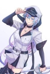 Rule 34 | 1girl, akame ga kill!, belt, black choker, blue eyes, blue hair, boots, breasts, choker, cleavage, collarbone, esdeath, hand on headwear, hat, highres, long hair, looking at viewer, medium breasts, military, military hat, military uniform, najendasan, rapier, smile, solo, sword, tattoo, uniform, weapon, white background