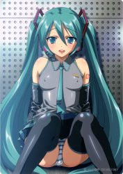Rule 34 | 1girl, aqua hair, bare shoulders, blue eyes, blush, breasts, covered erect nipples, detached sleeves, hatsune miku, headphones, highres, long hair, necktie, panties, sitting, skirt, small breasts, smile, solo, spread legs, striped clothes, striped panties, taki minashika, tattoo, thighhighs, twintails, underwear, upskirt, vocaloid