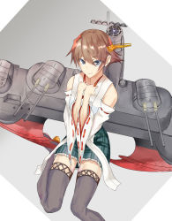 Rule 34 | 10s, 1girl, bare shoulders, blue eyes, boots, brown hair, detached sleeves, hands on own chest, hiei (kancolle), hiei kai ni (kancolle), highres, kantai collection, looking at viewer, nontraditional miko, plaid, plaid skirt, rigging, short hair, sitting, sketch, skirt, solo, soramame926, thigh boots, thighhighs, thighs, turret, wide sleeves