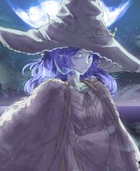 Rule 34 | 1girl, absurdres, bananabeta, blue eyes, blue hair, cloak, closed mouth, colored skin, day, dress, elden ring, extra arms, extra faces, full moon, fur cloak, grey skin, highres, long hair, long sleeves, looking at viewer, moon, outdoors, ranni the witch, sky, smile, star (sky), starry sky, white dress, wide sleeves