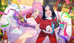 Rule 34 | 2girls, alcohol, black hair, breasts, christmas, christmas tree, cleavage, commentary request, confetti, couch, creatures (company), dendra (pokemon), dress, game freak, gen 8 pokemon, gloves, hatenna, highres, hsin, indoors, long hair, medium hair, miriam (pokemon), multicolored hair, multiple girls, nintendo, on couch, open mouth, pants, pink dress, pink hair, pokemon, pokemon (creature), pokemon sv, purple gloves, purple hair, red eyes, red pants, smile, sparkle, teeth, two-tone hair, upper teeth only