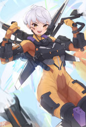 Rule 34 | 1girl, absurdres, animification, apex legends, blush, bodysuit, brown eyes, clenched hands, covered navel, explosion, headset, highres, holding, jetpack, kanotype, looking down, mechanical wings, missile, open mouth, orange bodysuit, science fiction, short hair, silver hair, smile, solo, valkyrie (apex legends), wings