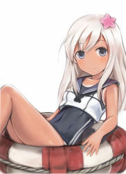 Rule 34 | 10s, 1girl, blonde hair, blue eyes, crop top, flower, hair flower, hair ornament, kantai collection, lifebuoy, looking at viewer, nannacy7, one-piece tan, ro-500 (kancolle), sailor collar, school swimsuit, simple background, sitting, smile, solo, swim ring, swimsuit, swimsuit under clothes, tan, tanline, white background