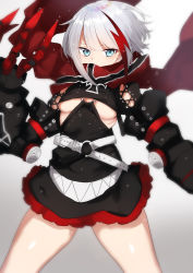 Rule 34 | 1girl, absurdres, admiral graf spee (azur lane), aqua eyes, azur lane, bare legs, belt, black dress, breasts, bubble, claws, cleavage, commentary, covered mouth, cowboy shot, cross, detached sleeves, dress, gradient background, grey background, highres, iron cross, looking at viewer, medium breasts, multicolored hair, o-ring, o-ring belt, red hair, red scarf, scarf, shirasu uni, short dress, short hair, silver hair, simple background, solo, streaked hair, thighs, two-tone hair, underboob, white background