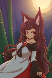 Rule 34 | 1girl, animal ears, bamboo, blush, breasts, brooch, brown hair, collarbone, commentary, cowboy shot, dress, fang, fang out, frilled sleeves, frills, imaizumi kagerou, jewelry, long hair, long sleeves, looking at viewer, medium breasts, night, night sky, outdoors, red eyes, sky, smile, solo, touhou, white dress, wide sleeves, wolf ears, wool (miwol)