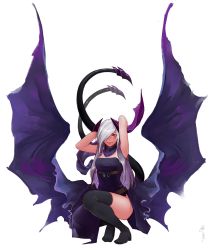 Rule 34 | 1girl, absurdres, armpits, belt, black thighhighs, closed mouth, commentary, dress, english commentary, full body, grey hair, hair over one eye, hands up, highres, horns, less, long hair, multiple tails, original, purple dress, red eyes, short dress, signature, simple background, smile, solo, spread wings, squatting, tail, thighhighs, two-two tails, two tails, white background, wings