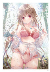 Rule 34 | 1girl, border, bra, braid, breasts, cleavage, closed mouth, cowboy shot, day, fence, floral print, flower, highres, holding, holding shower head, jacket, large breasts, light brown hair, light smile, long hair, long sleeves, looking at viewer, maeda shiori, non-web source, outdoors, page number, panties, partially unbuttoned, pink bra, pink panties, plant, potted plant, red eyes, red flower, red rose, rose, shirt, shower head, side braid, single braid, sleeves past wrists, solo, sousouman, standing, thighs, twinbox school, underwear, water, water drop, wet, wet clothes, wet shirt, white border, white jacket