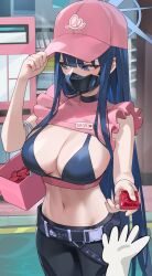 Rule 34 | 1girl, baseball cap, belt, bikini, bikini top only, black choker, black mask, black pants, blue archive, blue eyes, blue hair, blunt bangs, box, breasts, carrying bag, choker, commentary, condom, condom wrapper, cowboy shot, embarrassed, facing viewer, frills, hand on headwear, hat, heart, highres, holding, holding condom, hood (james x), incoming gift, large breasts, long hair, looking away, mask, mouth mask, name tag, navel, pants, pink headwear, pov, saori (blue archive), sensei (blue archive), shrug (clothing), solo focus, stomach, straight hair, sweatdrop, swimsuit, v-shaped eyebrows, very long hair