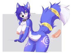 Rule 34 | 1girl, aftersex, animal ears, animal hands, animal nose, arched back, arm tattoo, artist name, blue eyes, blue fur, blue hair, blush, body fur, border, breasts, breath, claws, collar, collarbone, cowboy shot, cropped legs, cum, cum in pussy, cum string, cumdrip, disembodied penis, earrings, english text, erection, fox ears, fox girl, fox tail, from side, furry, furry female, furry with non-furry, gold, grey background, heart, highres, interspecies, jewelry, krystal, large breasts, leaning forward, leg tattoo, looking back, medium hair, multiple earrings, navel, nintendo, nipples, open mouth, outside border, own hands together, penis, sharp teeth, sidelocks, signature, simple background, snout, standing, star fox, stomach, tail, tail ornament, tail raised, tail ring, tattoo, teeth, teranen, thick thighs, thighs, tongue, two-tone fur, uncensored, veins, veiny penis, white border, white fur, wide hips
