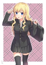 Rule 34 | 1girl, :o, arm up, bekkourico, black jacket, black skirt, black thighhighs, blonde hair, blue eyes, blush, border, breasts, briefcase, buttons, checkered background, collared shirt, holding, holding briefcase, idolmaster, idolmaster cinderella girls, jacket, long hair, long sleeves, looking at viewer, medium breasts, miniskirt, ohtsuki yui, open mouth, outline, pleated skirt, school briefcase, school uniform, shirt, sidelocks, skirt, solo, thighhighs, v-shaped eyebrows, wavy hair, white border, white outline, white shirt, zettai ryouiki