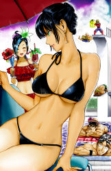 Rule 34 | 2girls, 4boys, :d, arm support, bikini, black bikini, black hair, black sclera, blonde hair, cloud, colored sclera, colorized, day, derivative work, drink, earrings, closed eyes, fan coloring, flower, fubuki (one-punch man), genos, goggles, grin, hair flower, hair ornament, hat, highres, jewelry, jumping, king (one-punch man), life vest, lying, matsuge (one-punch man), multiple boys, multiple girls, murata yuusuke, narrow waist, navel, official art, on side, one-punch man, open mouth, outdoors, pool, profile, saitama (one-punch man), sansetsukon no lily, shorts, sitting, sky, smile, spread legs, straw hat, sunglasses, swimsuit, the golden smurf, waitress, yamazaru (one-punch man)