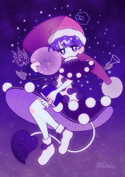 Rule 34 | 1girl, :&lt;, black capelet, blue eyes, blue hair, book, capelet, capelet lift, closed mouth, clothes lift, doremy sweet, dotaku (wran8845), dream soul, dress, dress lift, film grain, footwear ornament, hat, holding, looking at viewer, nightcap, pom pom (clothes), red hat, short hair, signature, sky print, solo, star (symbol), t t, tail, tapir tail, touhou, yume kawaii