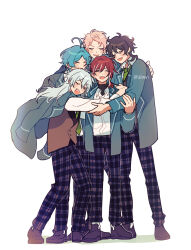 Rule 34 | 5boys, artist name, behind another, brown footwear, closed eyes, ensemble stars!, facing viewer, group hug, hand on another&#039;s arm, happy, haze (ohw8g), hug, itsuki shu, jacket, male focus, multiple boys, necktie, open clothes, open jacket, open mouth, pants, plaid clothes, plaid pants, sakasaki natsume, sakuma rei (ensemble stars!), school uniform, shade, shadow, shinkai kanata, shoes, simple background, smile, standing, wataru hibiki, watermark, white background, yumenosaki school uniform