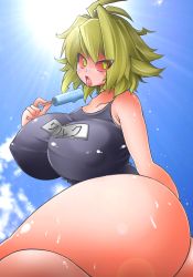 Rule 34 | 00s, 1girl, antenna hair, arcueid brunestud, ass, ato (bfj315), blonde hair, blush, breasts, colored sclera, covered erect nipples, dripping, food, highres, huge breasts, impossible clothes, impossible swimsuit, lens flare, melty blood, one-piece swimsuit, popsicle, red arcueid, red sclera, school swimsuit, shiny skin, short hair, solo, strap gap, sweat, swimsuit, taut clothes, taut swimsuit, tsukihime, yellow eyes