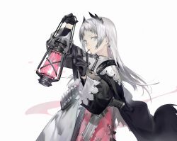 Rule 34 | 1girl, arknights, belt, black cape, black gloves, black jacket, cape, earrings, finger to mouth, from side, gloves, grey eyes, grey hair, gun, head wings, highres, holding, holding lantern, index finger raised, irene (arknights), jacket, jewelry, lantern, layered skirt, long hair, long sleeves, looking at viewer, looking to the side, parted lips, puffy long sleeves, puffy sleeves, purple skirt, shushing, simple background, skirt, smile, solo, weapon, white background, white skirt, wings, yyb