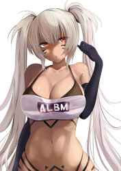 Rule 34 | 1girl, alabama (azur lane), azur lane, bandeau, bare shoulders, bikini, bikini under clothes, black bikini, black bra, black gloves, bra, breasts, cleavage, clothes writing, collarbone, dark-skinned female, dark skin, elbow gloves, facial mark, gloves, hair between eyes, halterneck, hand up, highres, large breasts, long hair, looking at viewer, midriff, native american, navel, no pants, parted lips, red eyes, schreibe shura, see-through, silver hair, simple background, skindentation, solo, strapless, swimsuit, tattoo, thong bikini, tube top, twintails, underwear, upper body, very long hair, white background, wide hips