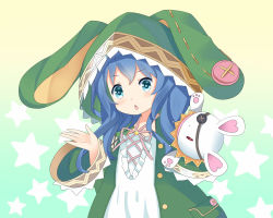 Rule 34 | 10s, 1girl, :o, beifang qiji, blue eyes, blue hair, blush, button eyes, buttons, chestnut mouth, date a live, artistic error, eyepatch, green jacket, hood, hood up, hooded jacket, hoodie, jacket, long hair, long sleeves, looking at viewer, open clothes, open jacket, open mouth, oversized clothes, pocket, rabbit, shirt, solo, star (symbol), starry background, stuffed animal, stuffed rabbit, stuffed toy, tareme, unbuttoned, upper body, waving, wavy hair, white shirt, wide sleeves, yoshino (date a live), yoshinon