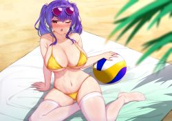 Rule 34 | 1girl, absurdres, azur lane, ball, bare shoulders, beach, beach towel, beachball, bikini, breasts, cleavage, collarbone, eyewear on head, highres, huge filesize, large breasts, long hair, looking at viewer, namaponpon 00, navel, official alternate costume, one eye closed, pola (azur lane), pola (seaside coincidence) (azur lane), purple hair, red eyes, sitting, solo, sunglasses, swimsuit, thighhighs, towel, twintails, wet, white thighhighs, yellow bikini