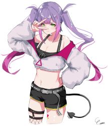 Rule 34 | 1girl, absurdres, black shorts, blush, closed mouth, commentary request, crop top, cropped jacket, demon tail, fang, fang out, fishnet thighhighs, fishnets, gradient hair, green eyes, highres, hololive, jacket, legwear garter, long hair, long sleeves, looking at viewer, midriff, multicolored hair, navel, off shoulder, piercing, pink hair, purple hair, short shorts, shorts, simple background, single thighhigh, skin fang, smile, solo, tail, tail ornament, tail piercing, thighhighs, tokoyami towa, twintails, v, v over eye, virtual youtuber, white background, white jacket, yo na