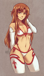 Rule 34 | 10s, 1girl, adapted costume, asuna (sao), bikini, braid, breasts, brown eyes, brown hair, cleavage, cropped legs, elbow gloves, french braid, front-tie bikini top, front-tie top, gloves, highleg, highleg bikini, highleg swimsuit, iahfy, long hair, navel, side-tie bikini bottom, smile, solo, swimsuit, sword art online, thighhighs, underboob, white bikini, white gloves, white thighhighs