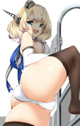 Rule 34 | 1girl, alternate costume, ass, bare shoulders, black thighhighs, blonde hair, blue eyes, blush, braid, breasts, c@rbon, cameltoe, colorado (kancolle), commentary request, competition swimsuit, cowboy shot, elbow gloves, from below, garrison cap, gloves, hair between eyes, hat, headgear, kantai collection, large breasts, looking at viewer, one-piece swimsuit, open mouth, short hair, side braid, side braids, sideboob, single braid, skindentation, smile, solo, standing, swimsuit, thighhighs, thighs, white one-piece swimsuit