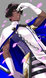 Rule 34 | 1boy, 92 (artist), arjuna (fate), armband, black eyes, brown hair, cape, chain, dark-skinned male, dark skin, dutch angle, fate/grand order, fate (series), gloves, grey background, hair between eyes, highres, holding, holding weapon, jacket, looking at viewer, male focus, parted lips, petals, smile, solo, standing, weapon, white gloves