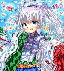 Rule 34 | 1girl, blue background, blue eyes, embellished costume, floral print, flower, frilled ribbon, frills, green ribbon, grey hair, hat, hat ribbon, long hair, long sleeves, looking at viewer, marker (medium), mononobe no futo, open mouth, petals, red ribbon, ribbon, ribbon-trimmed sleeves, ribbon trim, rui (sugar3), sample watermark, sleeves past fingers, sleeves past wrists, smile, solo, tassel, touhou, traditional media, upper body, watermark, white ribbon, wide sleeves