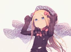 Rule 34 | 1girl, abigail williams (fate), absurdres, black bow, black dress, black hat, blonde hair, blue eyes, blush, bow, breasts, daisi gi, dress, fate/grand order, fate (series), forehead, hair bow, hat, highres, long hair, long sleeves, multiple hair bows, orange bow, parted bangs, polka dot, polka dot bow, ribbed dress, sleeves past fingers, sleeves past wrists, small breasts, smile, solo