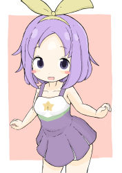 Rule 34 | 1girl, :d, absurdres, bare arms, bare shoulders, blush stickers, breasts, brown background, collarbone, commentary request, dress, forehead, hair ribbon, highres, hiiragi tsukasa, looking at viewer, lucky star, open mouth, pleated dress, purple dress, purple eyes, purple hair, ribbon, rururu (pyrk8855), sleeveless, sleeveless dress, small breasts, smile, solo, standing, two-tone background, white background, yellow ribbon