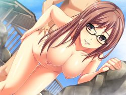 Rule 34 | 1boy, 1girl, against wall, amamiya tsumugi (summer swim!), ass, ass grab, bent over, black-framed eyewear, blush, breasts, brown hair, cloud, couple, day, doggystyle, dutch angle, fence, game cg, glasses, grin, hand on own ass, hanging breasts, happy sex, hetero, kinugasa yuuichi, large breasts, long hair, looking at viewer, mixed-sex bathing, navel, nipples, nude, onsen, outdoors, puffy nipples, purple eyes, rock, sex, sex from behind, shared bathing, shiny skin, sky, smile, solo focus, standing, steam, summer swim!, thigh gap, tryset, vaginal