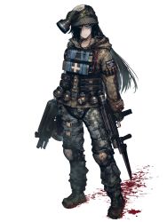 Rule 34 | 1girl, bayonet, beanie, belt, black hair, blood, blood on clothes, blood splatter, blue eyes, boots, brown hat, brown jacket, camouflage, camouflage jacket, camouflage pants, character request, closed mouth, dairoku ryouhei, dual wielding, explosive, fingerless gloves, full body, gas mask, gloves, grenade, grey pants, gun, hair over one eye, hat, hetza (hellshock), holding, hood, hood down, hooded jacket, jacket, knee pads, long hair, long sleeves, looking at viewer, magazine (weapon), mask, mole, mole under eye, pants, shotgun shell, solo, standing, submachine gun, thigh belt, thigh strap, transparent background, weapon