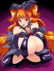 Rule 34 | 1girl, amanogawa kirara, bare shoulders, breasts, cleavage, corrupted, corruption, earrings, female focus, gigantic breasts, gloves, go! princess precure, hair ornament, hands on own chest, high heels, highres, jewelry, kloah, long hair, magical girl, naughty face, open mouth, orange hair, precure, shiny clothes, solo, spread legs, squatting, thighs, tongue, tongue out, very long hair