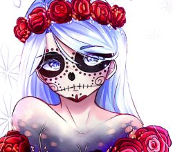 Rule 34 | 1girl, artist request, blue eyes, blue hair, character request, collarbone, copyright request, dia de muertos, facepaint, flower, head wreath, long hair, looking at viewer, multicolored hair, non-web source, red flower, red rose, rose, skeleton print, source request, two-tone hair, upper body, white background, white hair
