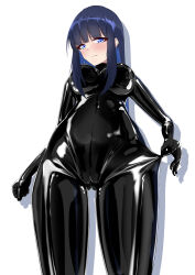 Rule 34 | 1girl, absurdres, black bodysuit, blue archive, blue eyes, blue hair, bodysuit, bodysuit pull, breasts, commentary request, covered navel, dark blue hair, frown, highres, hiuyec, impossible clothes, latex, latex bodysuit, long hair, looking at viewer, medium breasts, saori (blue archive), shiny clothes, skin tight, solo, white background