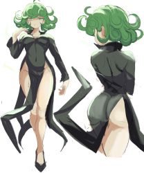 Rule 34 | ahoge, arm up, ass, back, black dress, breasts, dress, green eyes, green hair, highres, legs, navel, one-punch man, pout, rakeemspoon, small breasts, tatsumaki, thick thighs, thighs