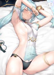 Rule 34 | 1girl, aqua hair, armlet, armpits, arms up, bed sheet, bikini, bikini bottom only, black bikini, breasts, closed eyes, detached collar, drooling, facing viewer, faruzan (genshin impact), female focus, genshin impact, green nails, hair ornament, highres, kimoshi, long hair, lying, mouth drool, on bed, open mouth, sideboob, sideless outfit, sleeping, small breasts, solo, speech bubble, spread legs, swimsuit, thighlet, twintails, wristlet, x hair ornament, zzz