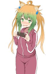 Rule 34 | + +, 1girl, absurdres, ahoge, animal ear fluff, animal ears, atalanta (fate), blonde hair, cat ears, cellphone, commentary request, drooling, fate/apocrypha, fate (series), gradient hair, green eyes, green hair, hair bobbles, hair ornament, hands up, highres, holding, holding phone, jacket, long hair, long sleeves, mitchi, multicolored hair, open mouth, pants, phone, red jacket, red pants, saliva, simple background, solo, track jacket, track pants, track suit, twintails day, very long hair, white background
