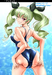 Rule 34 | 1girl, absurdres, anchovy (girls und panzer), arched back, ass, ass grab, back, back cutout, black ribbon, blue one-piece swimsuit, breasts, character name, clothing cutout, commentary, competition swimsuit, cowboy shot, crotch seam, dated, drill hair, from behind, girls und panzer, grabbing own ass, green hair, grin, hair ribbon, highres, huge filesize, long hair, looking at viewer, looking back, medium breasts, one-hour drawing challenge, one-piece swimsuit, one eye closed, open mouth, red eyes, ribbon, skindentation, smile, solo, sparkle, standing, swimsuit, tomokoji, translated, twin drills, twintails, twitter username