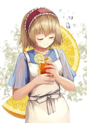 Rule 34 | 1girl, alice margatroid, alternate costume, apron, arms up, bad id, bad pixiv id, blonde hair, blouse, blue shirt, blurry, blurry background, blush, closed eyes, commentary, contrapposto, cup, drinking glass, english commentary, food, fruit, fruit background, hairband, highres, holding, holding cup, iced tea, leaf, leaf background, lemon, lemon slice, light blush, lolita hairband, ookashippo, see-through, see-through sleeves, shirt, short hair, short sleeves, smile, solo, standing, touhou, upper body, water drop