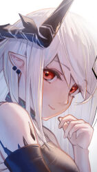 Rule 34 | 1girl, absurdres, arknights, commentary, hand up, highres, horns, looking at viewer, mudrock (arknights), pointy ears, red eyes, renkon logistics, smile, solo, upper body, white hair