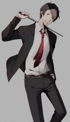 Rule 34 | 1boy, adachi tooru, baton (weapon), belt, black hair, black jacket, black pants, brown belt, business suit, collared shirt, commentary request, feet out of frame, formal, grey background, grey eyes, half-closed eye, hand in pocket, hand up, highres, jacket, long sleeves, looking at viewer, male focus, necktie, pants, persona, persona 4, red necktie, shirt, short hair, simple background, smile, solo, standing, suit, weapon, white shirt, yoshino saku