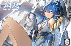 Rule 34 | 1girl, 2023, 9 vcat, absurdres, arknights, bare legs, bare shoulders, blue eyes, blue hair, blue skin, breasts, colored skin, crossed legs, cup, detached sleeves, dragon, dragon horns, feet out of frame, from side, highres, holding, holding cup, horns, jewelry, ling (arknights), ling (it does wash the strings) (arknights), long hair, long sleeves, looking at viewer, looking to the side, medium breasts, necklace, official alternate costume, parted lips, sitting, smile, solo, very long hair, wide sleeves